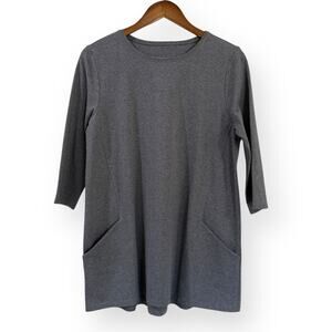 EILEEN FISHER Top PM Organic Cotton Jersey Melange Tunic Pocket 3/4 Sleeve Gray